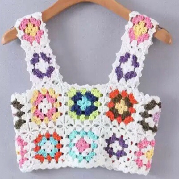 NEW! Boho, multi colour, crocheted, cotton crop top - Picture 7 of 13